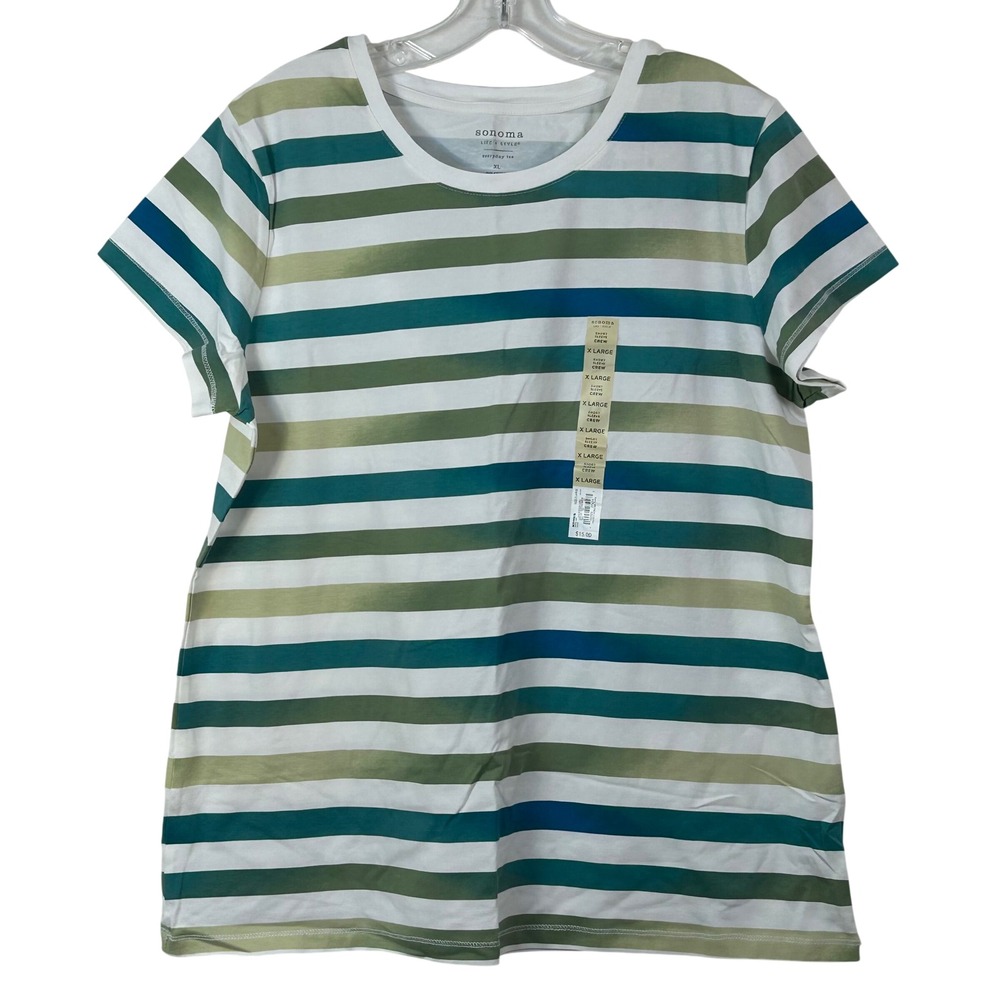 Sonoma Life + Style Everyday Tee XL Green Teal Striped Crew Neck Short Sleeve